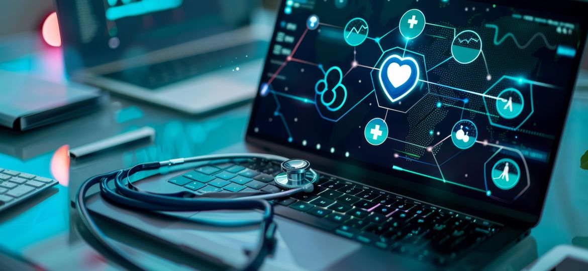A stethoscope rests on a laptop displaying digital health data.