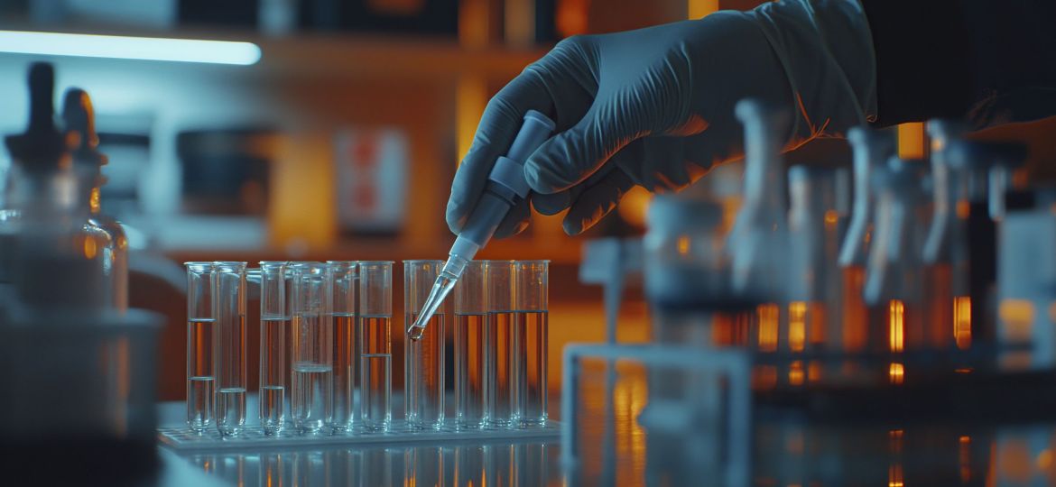 A close-up shot of an scientist's hand in gloves, holding and using the pipette to create test tubes filled with liquid inside laboratory glassware on table, against backdrop of advanced lab equipment and shelves displaying various medical supplies. The lighting is soft yet focused, cold cyan and bright red-orange light, orange backlights, cinematic look that adds depth and realism to the scene, photorealism --ar 16:9 --s 50 --style raw