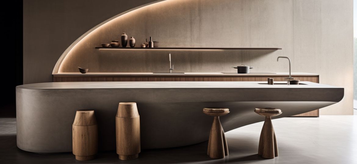 there is a large counter with stools and a sink in the middle. generative ai.